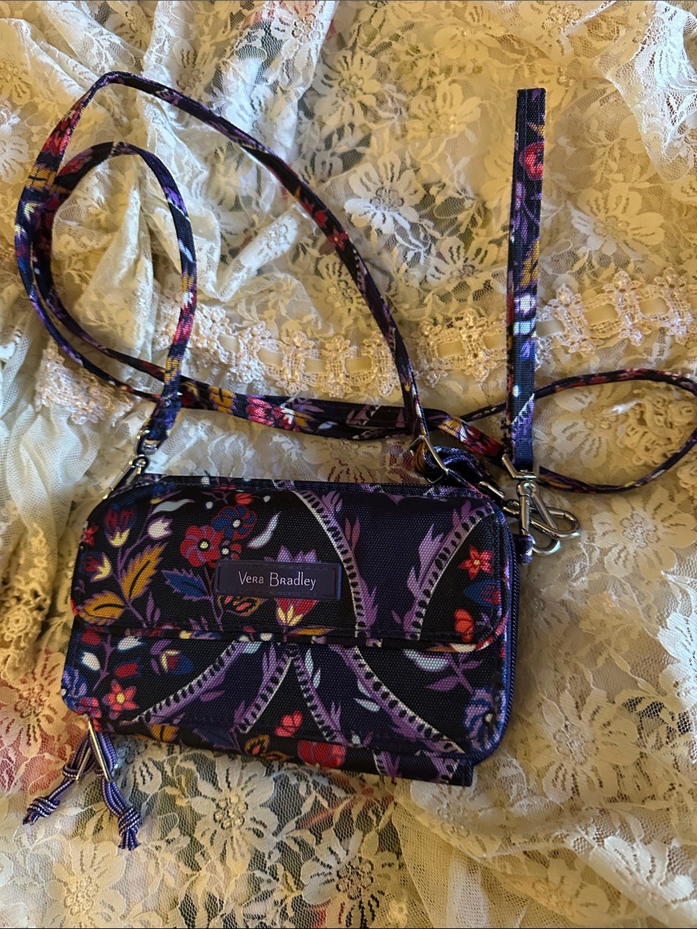 Vera Bradley Purple Floral Crossbody Wallet Wristlet.  EUC